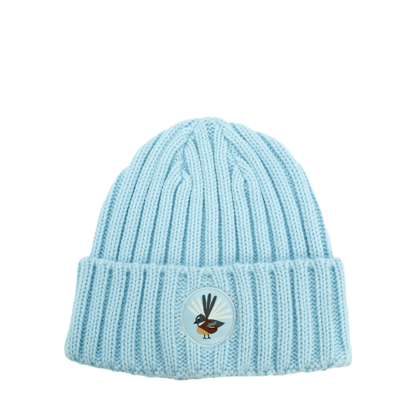 Kids blue knit beanie with fantail emblem on the front.