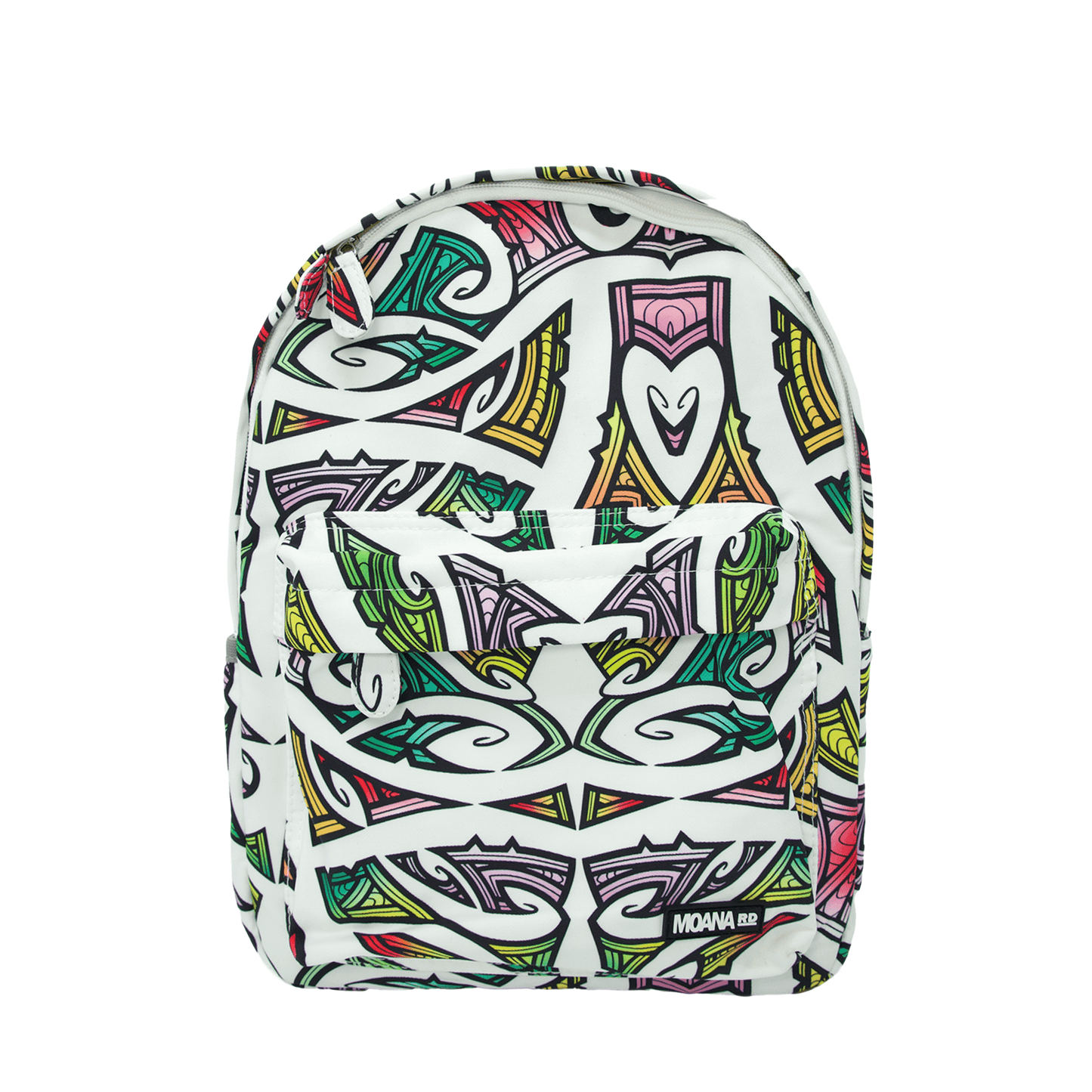 Kids backpack in white with colourful Maori design by Miriama Grace Smith.