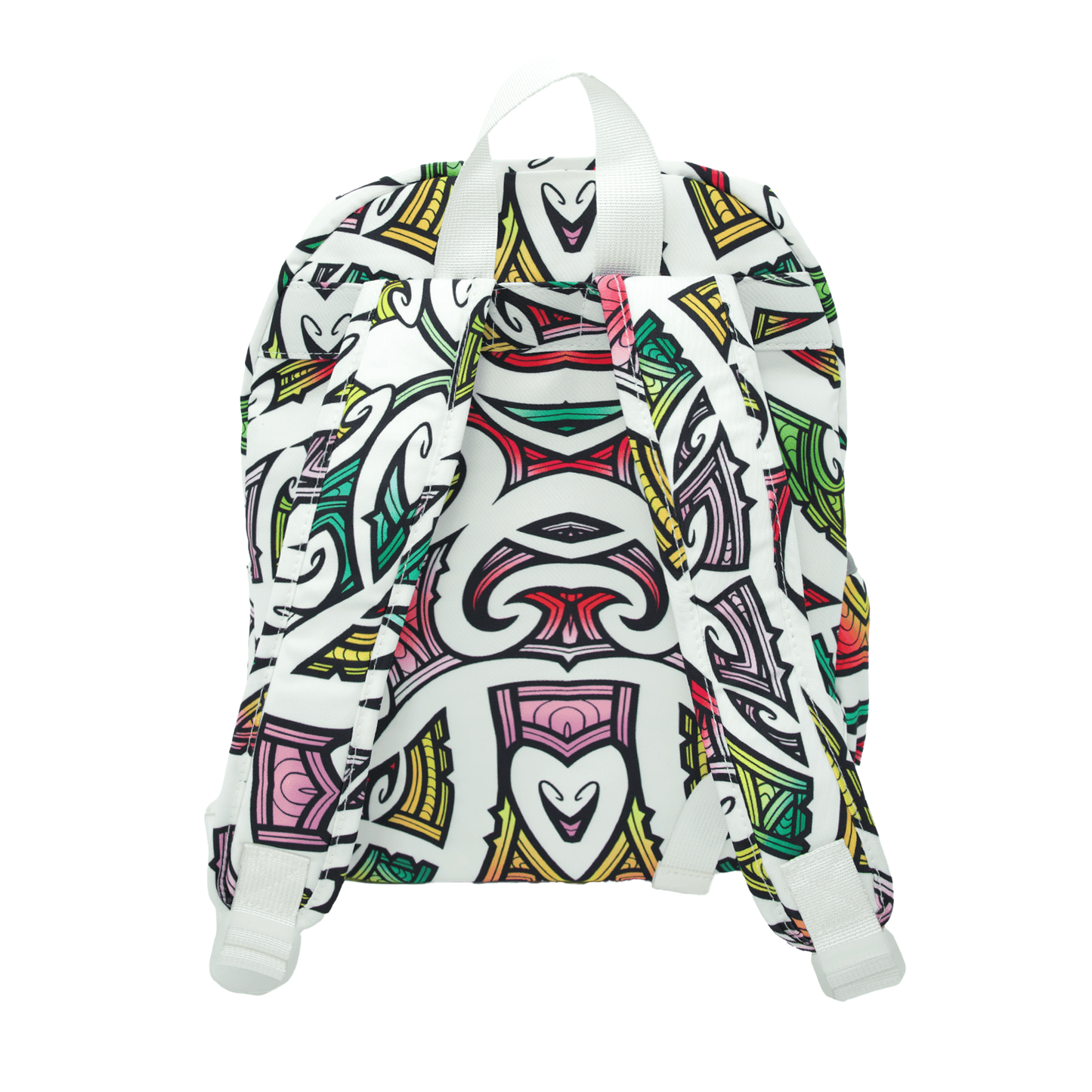 Back of a Kids backpack in white with colourful Maori design by Miriama Grace Smith.