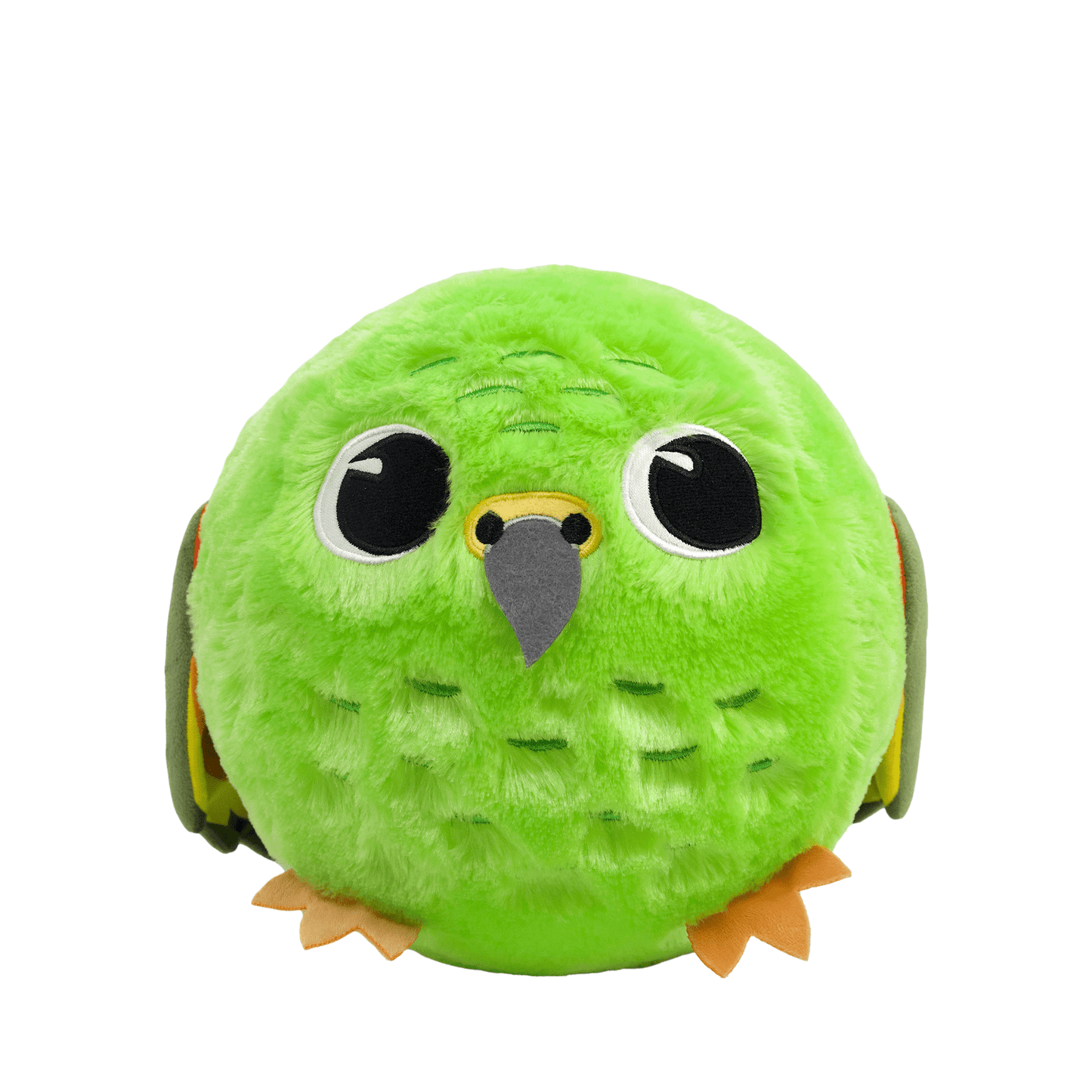Inflatable plush Kea bird ball with big eyes, wings and a bright green plush fur.
