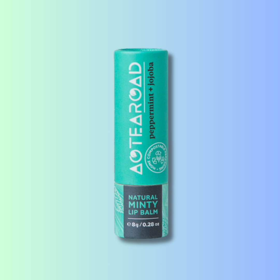 Peppermint and Jojoba lipbalm in a cardboard tube.