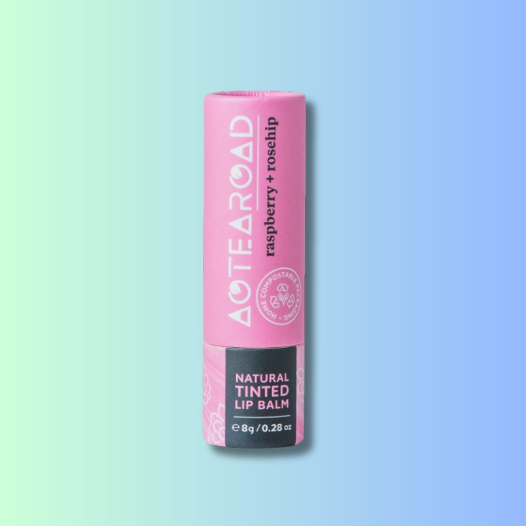 Raspberry and Rosehip lipbalm in a cardboard tube.
