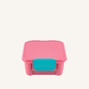 Pink bento style lunch box with blue clip from little lunch box co.