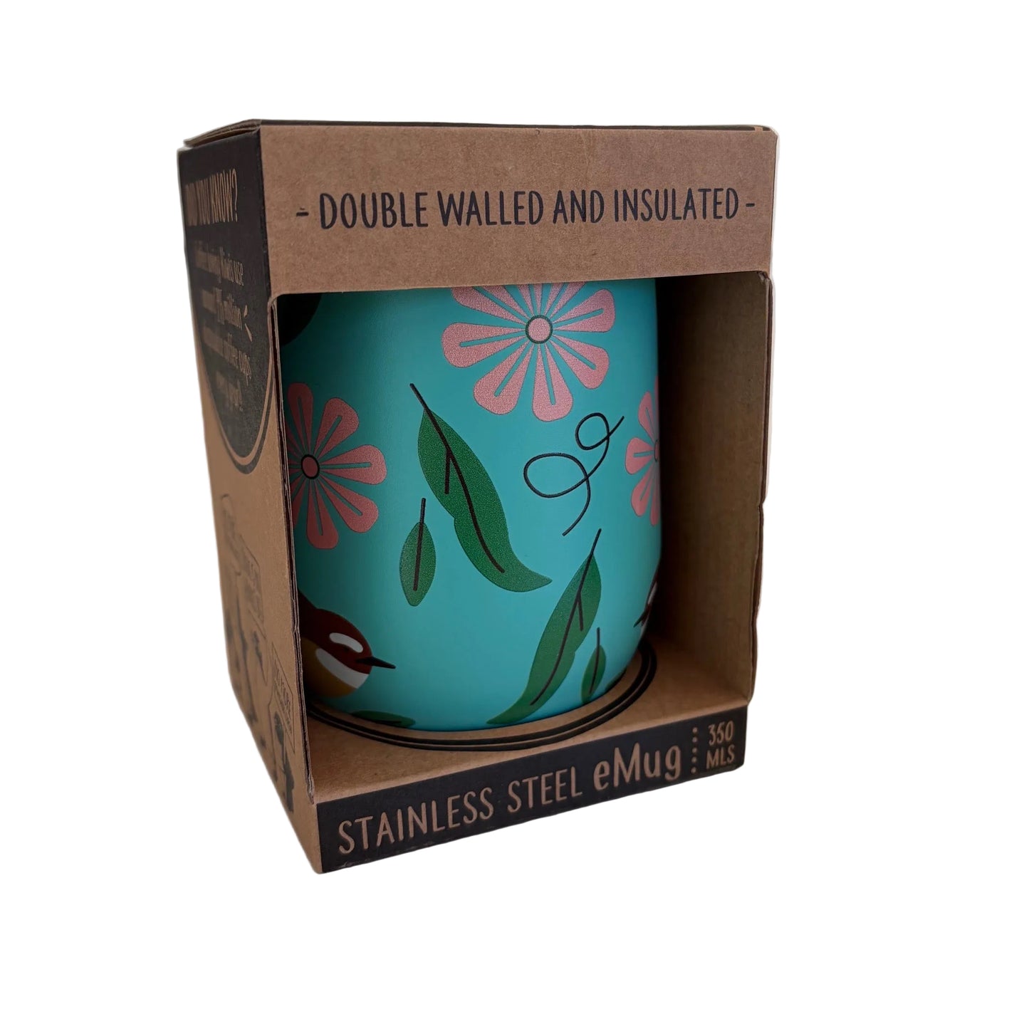 A turquoise stainless steel eMug with pink and green floral patterns and a fantail bird shown inside its brown cardboard packaging on a light countertop.