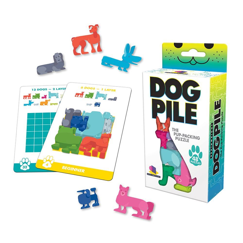 A picture of the some of the contents Dog Pile puzzle game.