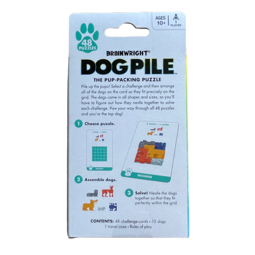 The back of the box of the Dog Pile puzzle game.