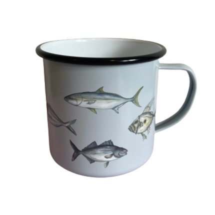 Enamel mug in pale blue with fish decals on it.