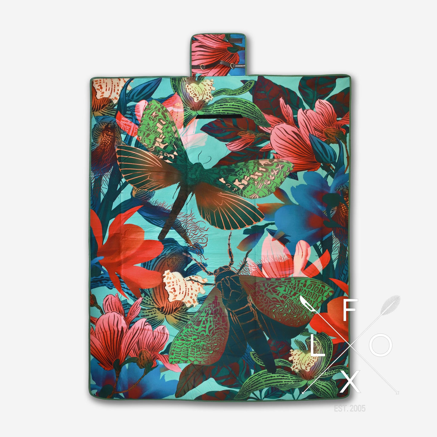 Beautiful FLOX designed picnic blanket with magnolia flowers and moths.
