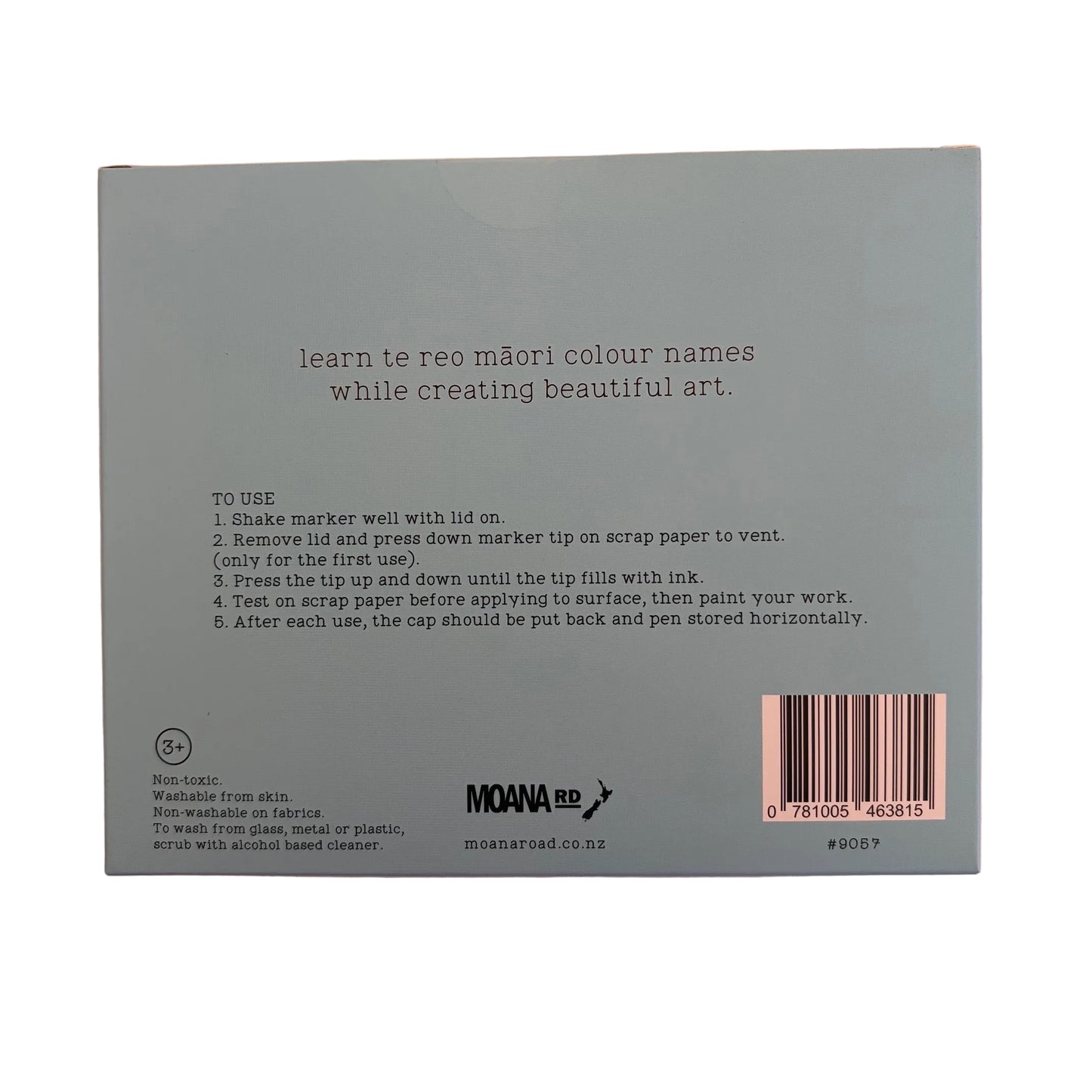 The back of a Moana RD marker box in a dusty blue colour, featuring product instructions, a barcode, and a small Moana RD logo.