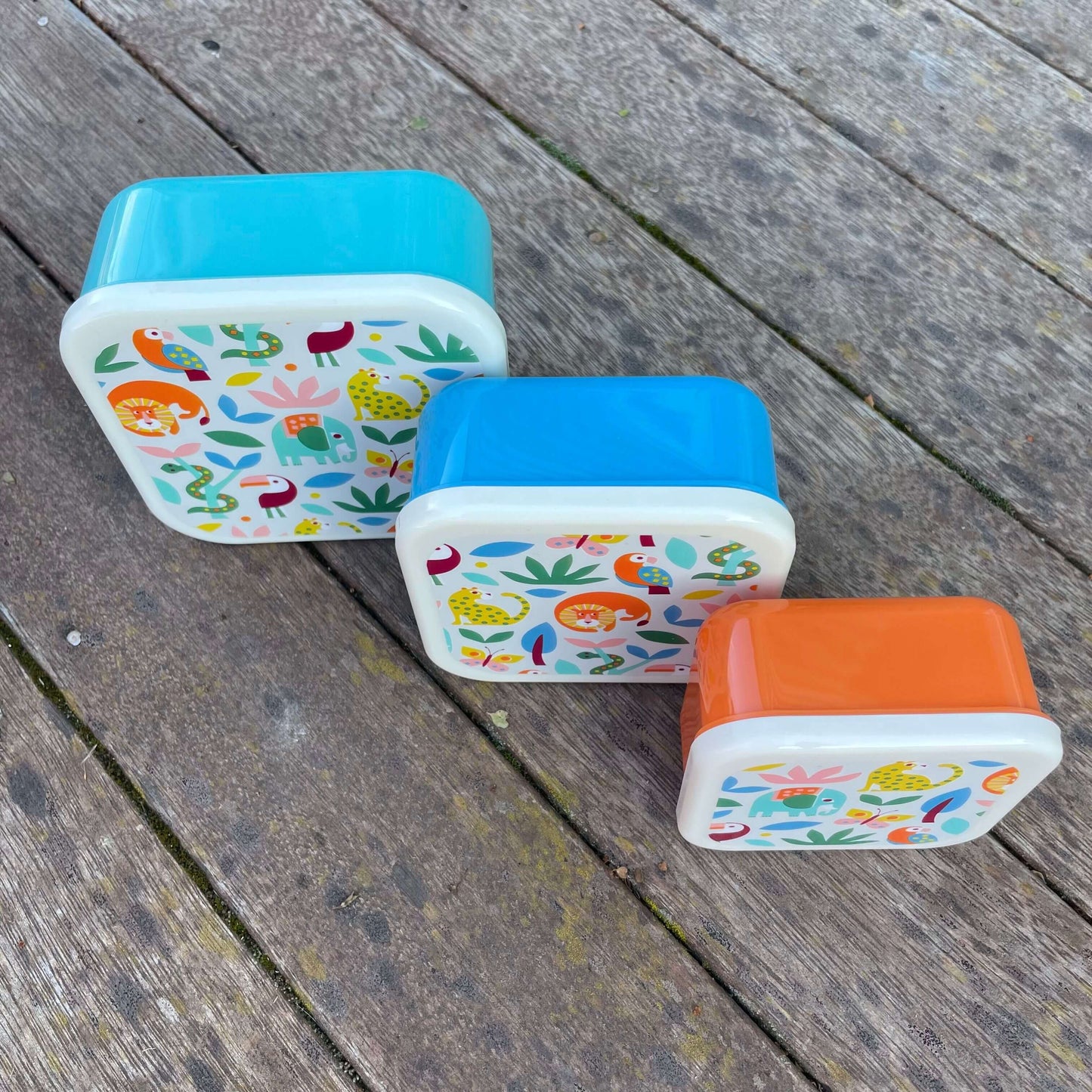 Trio of snack boxes in blue & orange featuring jungle animals on the lids.