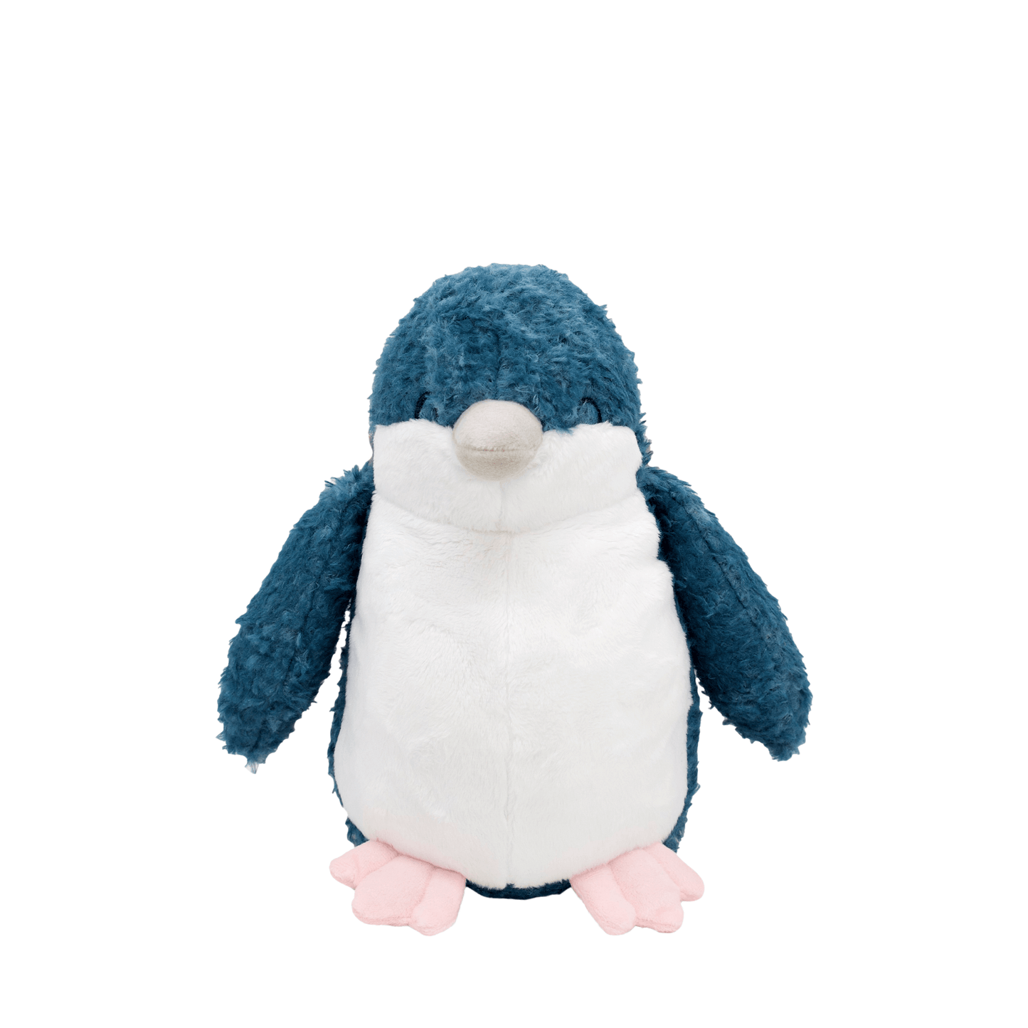 Soft toy little blue penguin with white tummy and blue head and flippers.