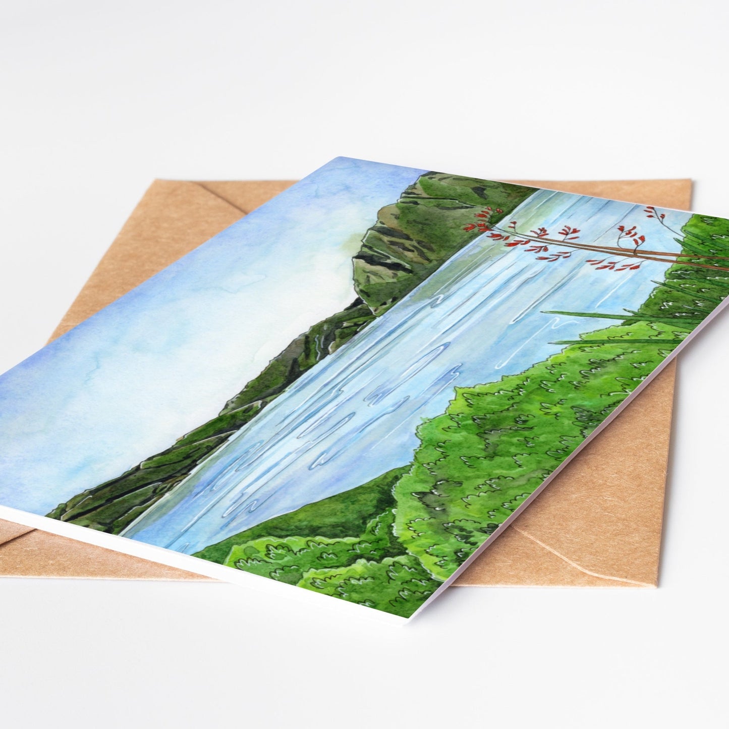 Greeting card by artist Leah Ingram featuring Lake Hawea.