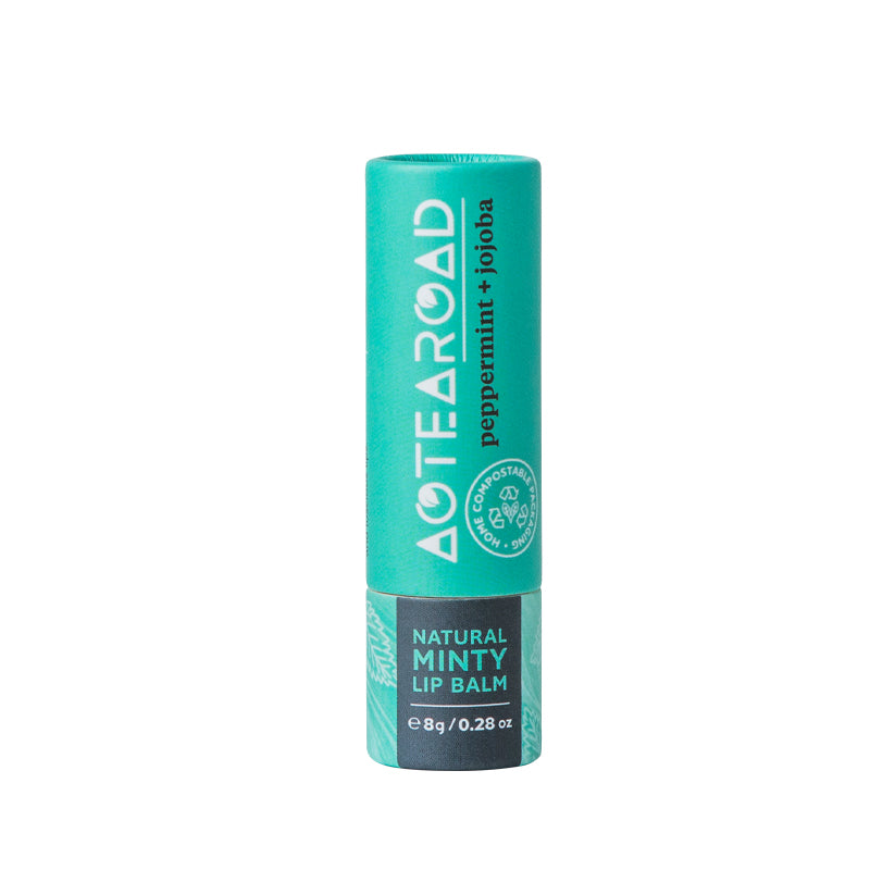 Peppermint and Jojoba lipbalm in a cardboard tube.