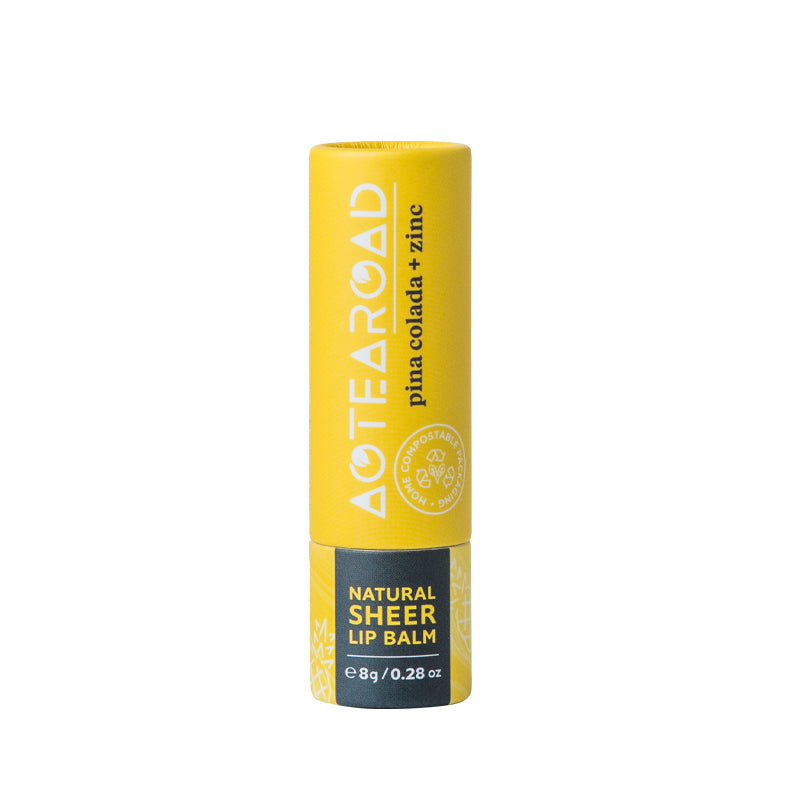 Pina Colada and zinc lipbalm in a cardboard tube.