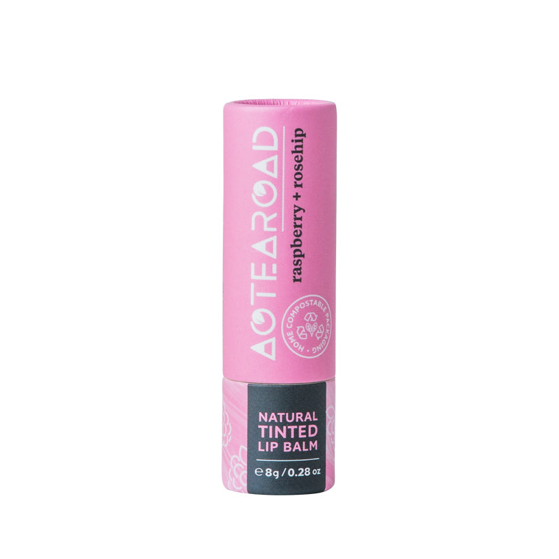 Raspberry and Rosehip lipbalm in a cardboard tube.