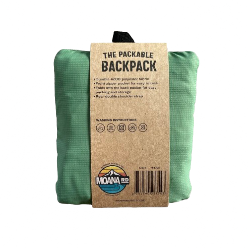 Small olive green pouch that contains a packable backpack from Moana RD and is wrapped with cardboard packaging.