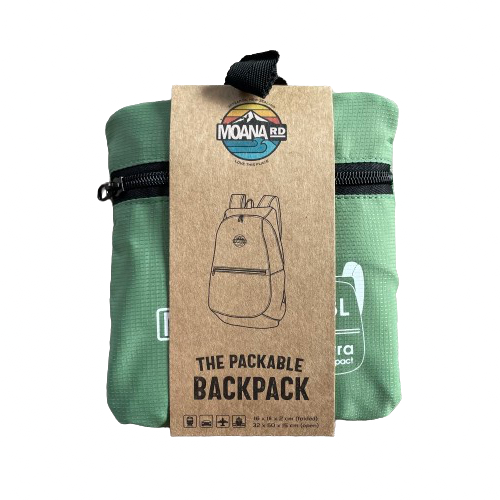 Small olive green pouch that contains a packable backpack from Moana RD and is wrapped with cardboard packaging.