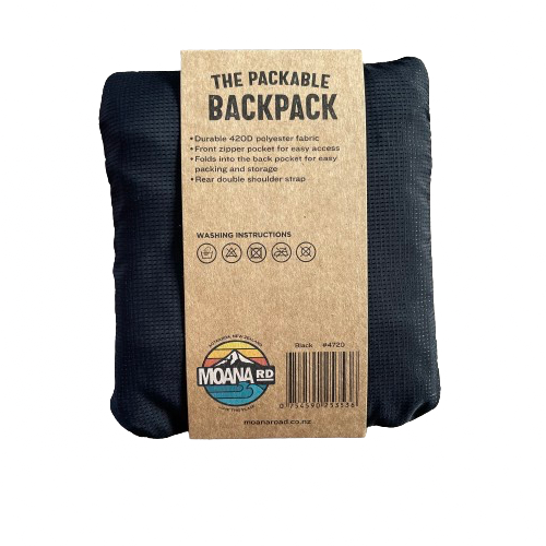 Small black pouch that contains a packable backpack from Moana RD and is wrapped with cardboard packaging.