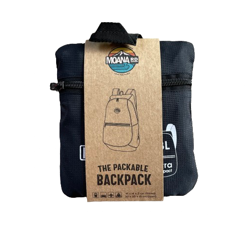 Small black pouch that contains a packable backpack from Moana RD and is wrapped with cardboard packaging.