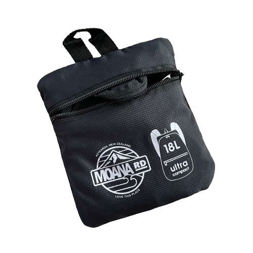 Small black pouch that contains a packable backpack from Moana RD.