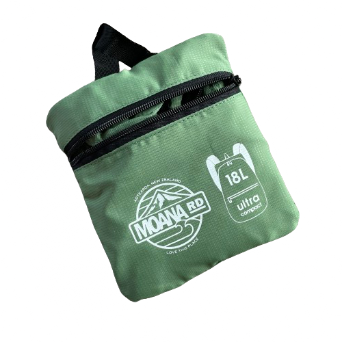Small olive green pouch that contains a packable backpack from Moana RD.