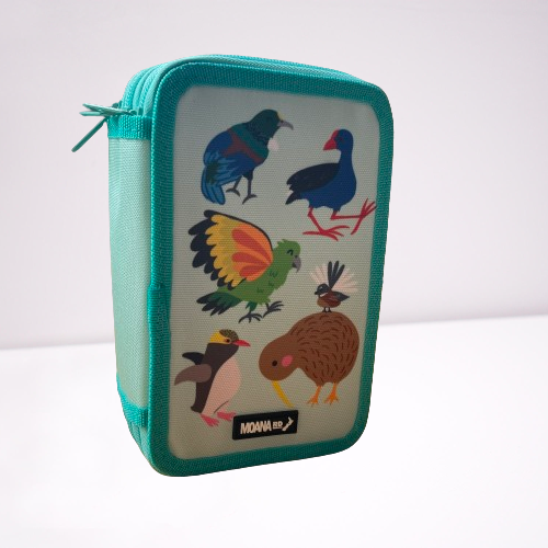 Blue fabric folder with cartoon NZ native birds on the front.