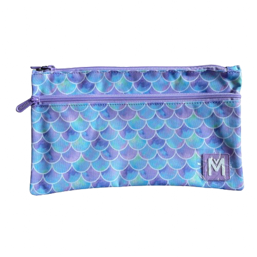 A Montiico purple and blue mermaid scale print pencil case with 2 zipped compartments.