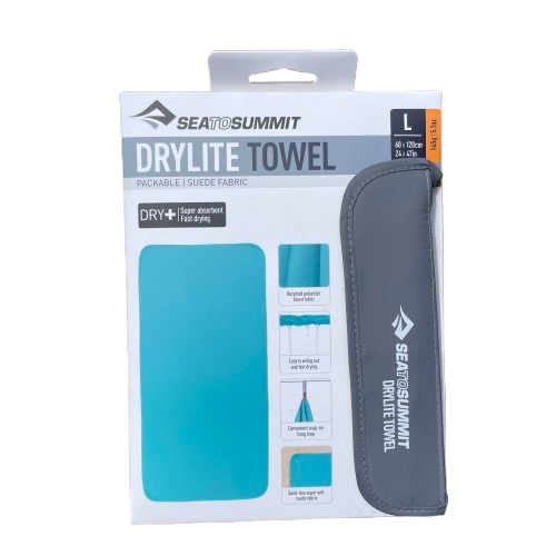 Sea to Summit Drylite Towel in Baltic Blue colour, packaged in white cardboard box.