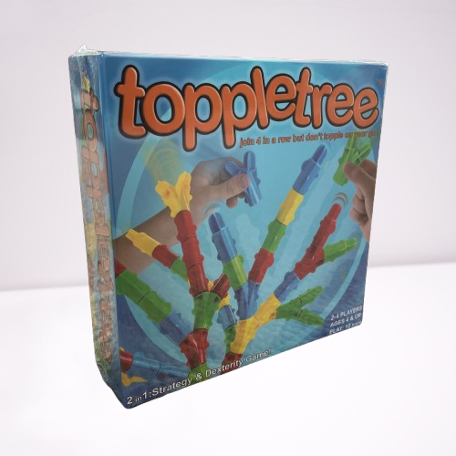 Toppletree game in a square blue box with a picture of kids hands playing with the block pieces.