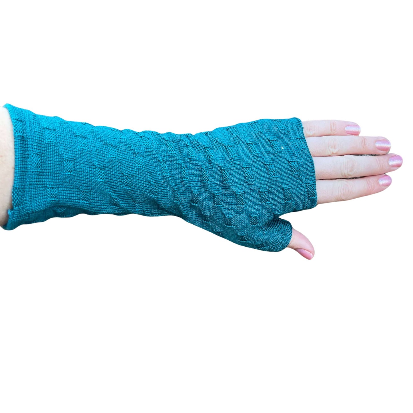Fingerless merino gloves in teal textured knit.