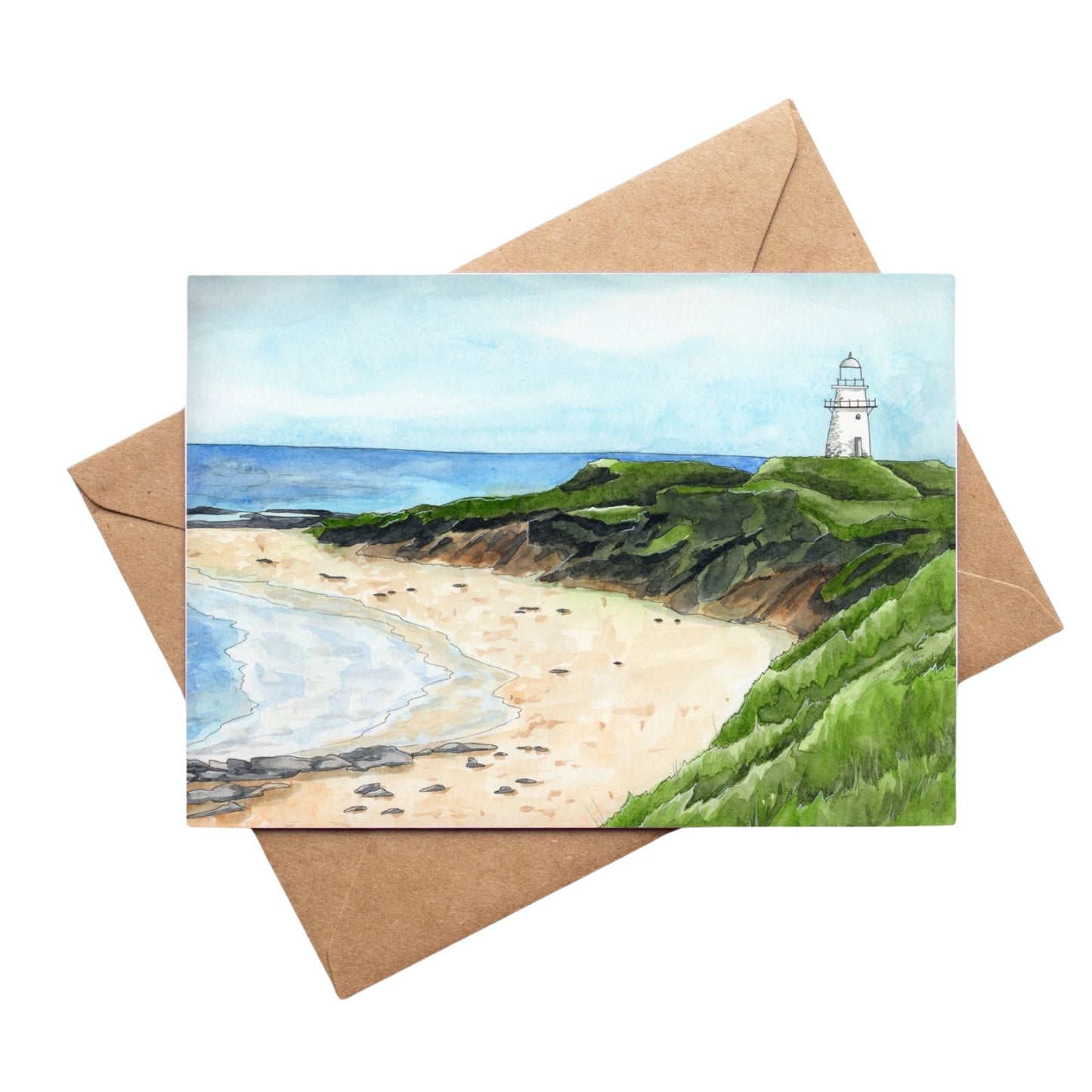 Greeting card by artist Leah Ingram featuring Waipapa Point Lighthouse.