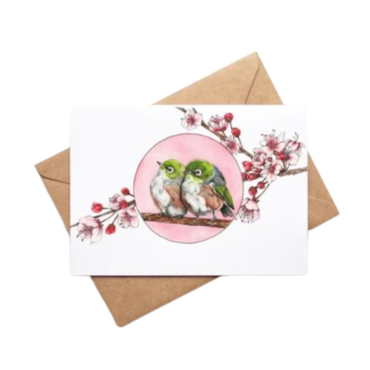 Greeting card by artist Leah Ingram featuring 2 Silvereye birds nestled together on a branch surrounded by pink blossoms.