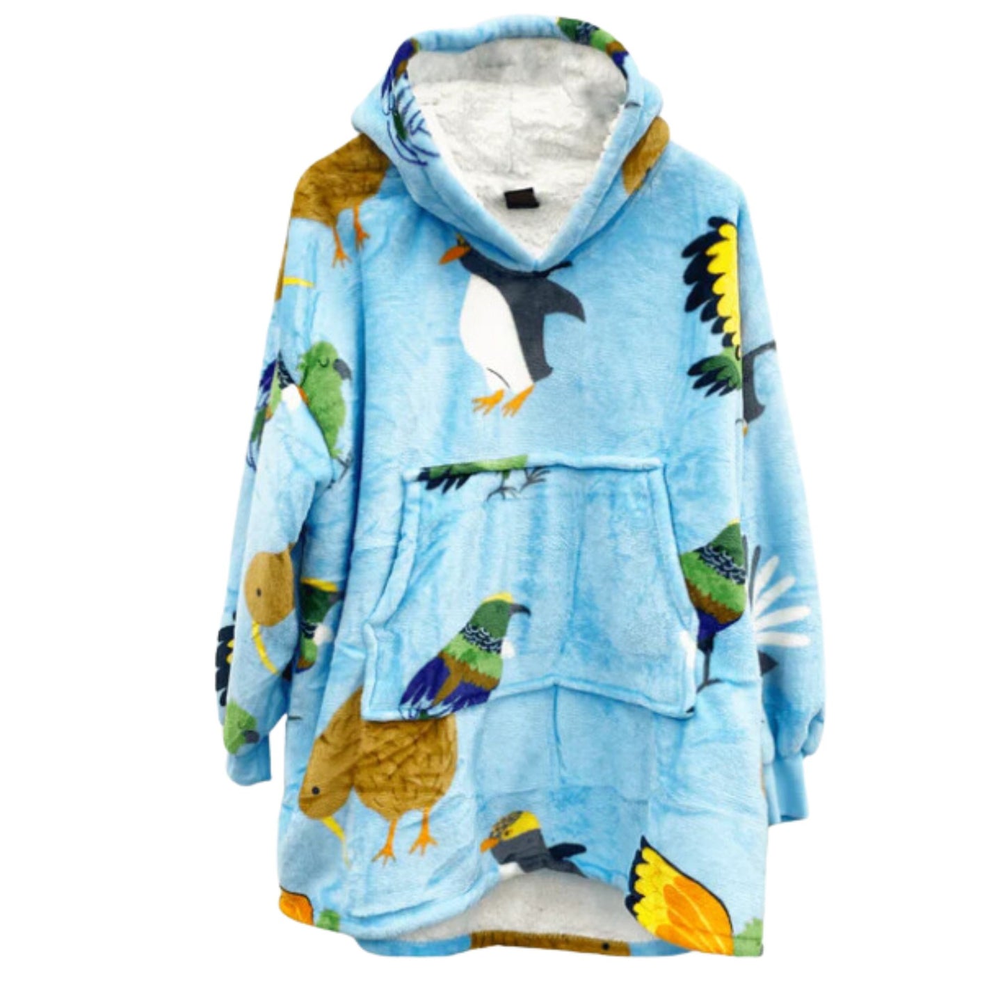 Moana Rd mega hoodie with NZ native birds on a light blue background