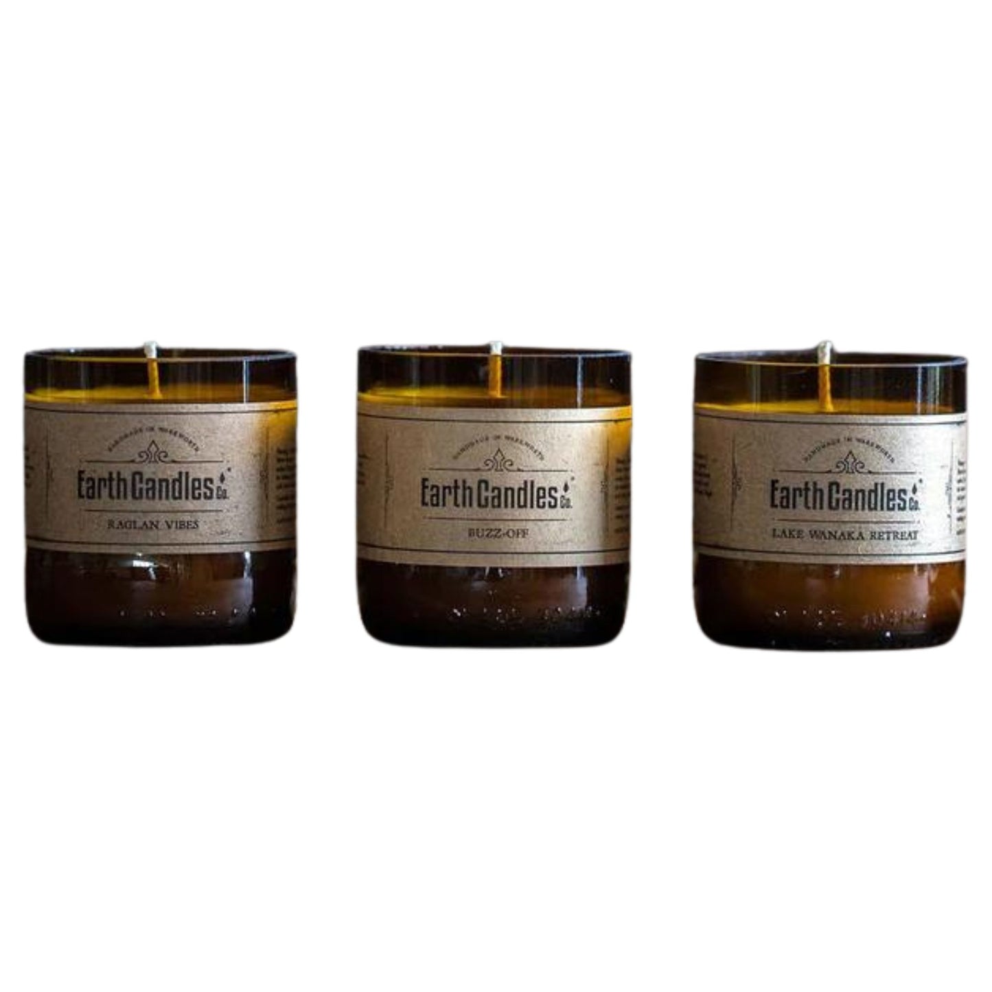 Lake Wanaka Retreat Inspired 100g tealight Earth Candles. Made in re purposed bottles. This is a pack of 3