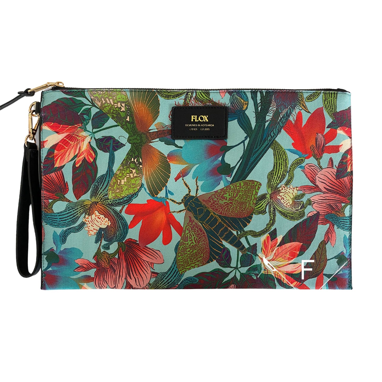 Flox clutch bag with NZ native flying insects and flowers in shades of blue, green, red and pink.