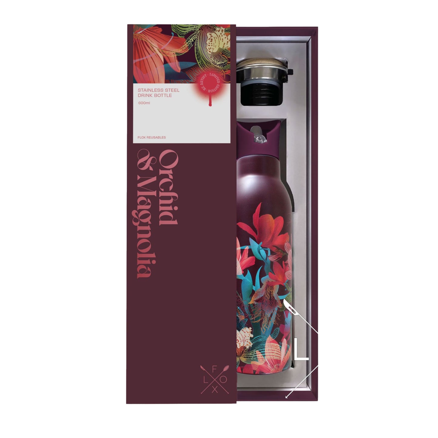 Flox clutch bag with NZ native flying insects and flowers in shades of blue, green, red and pink in maroon Flox gift box