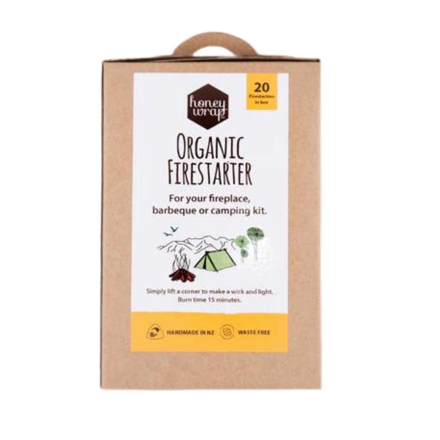 Honeywraps organic firestarter box. Made using off-cuts from honeywrap wax wraps. So zero waste. Easy to light, long burning and safe to pack next to food. This box contains 20 fire starters.