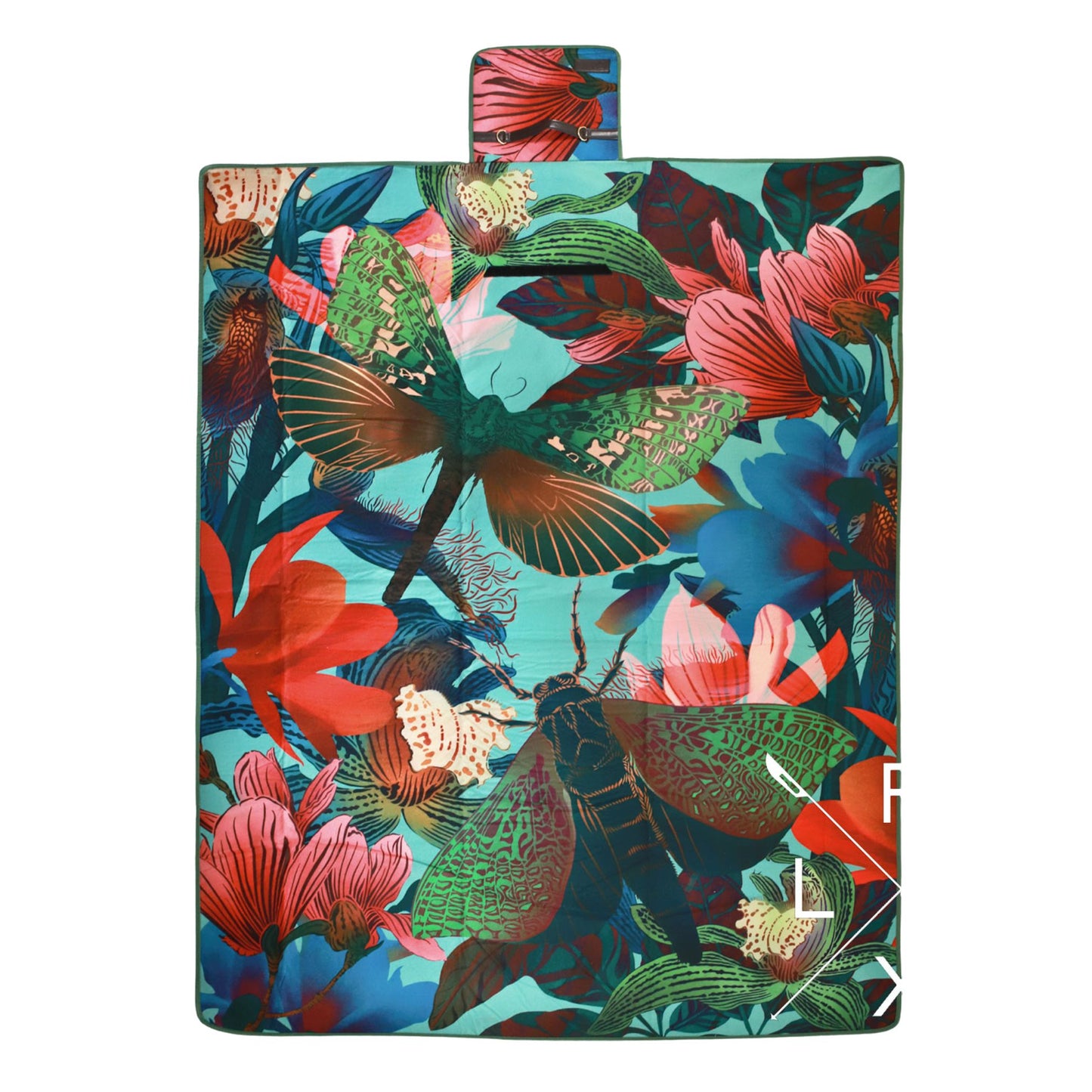 Colourful picnic cooler bag with teal blue background and magnolia flower print.