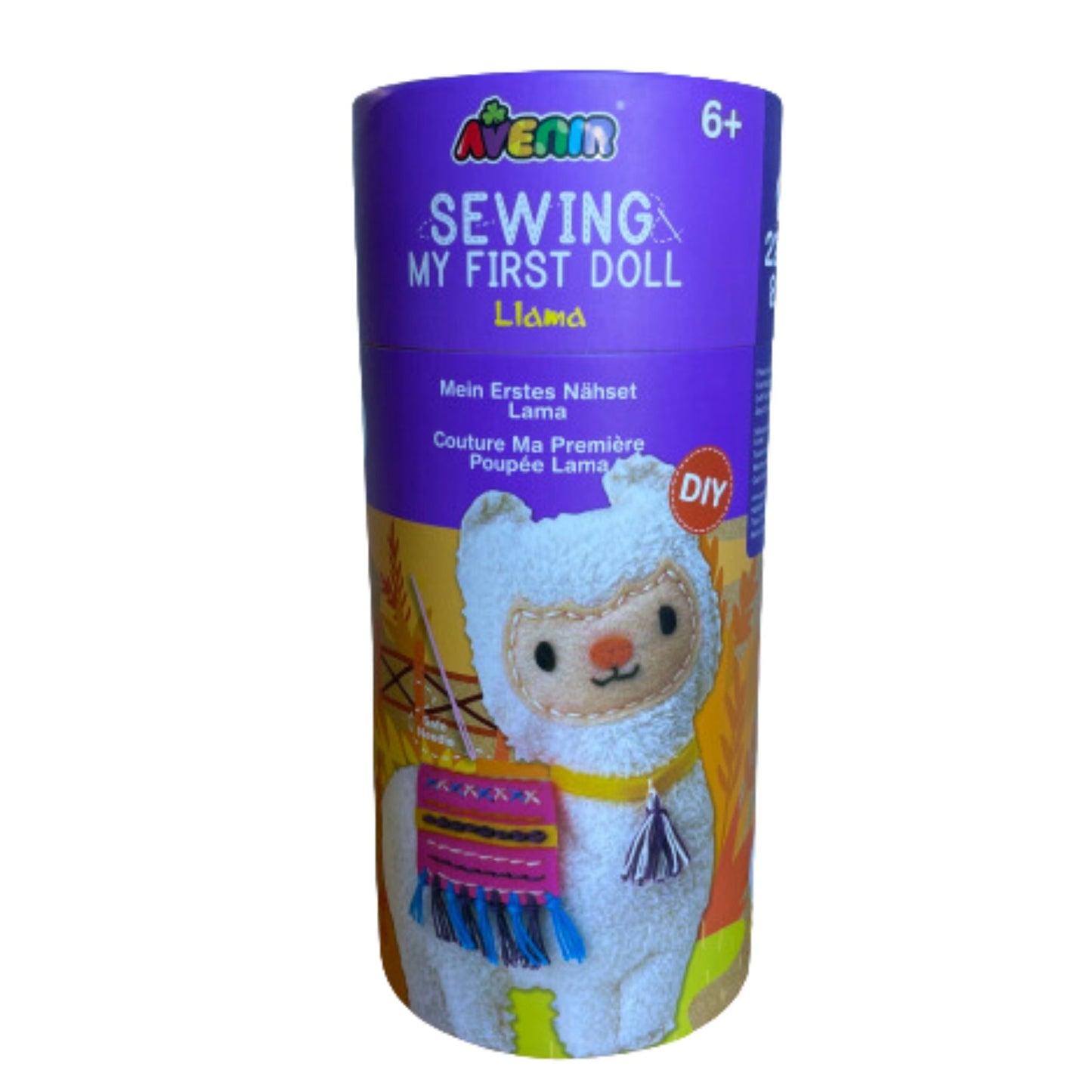 Childrens llama sewing kit in a cardboard tube.