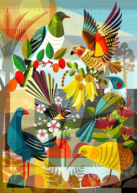 Bright colourful art print by Ellen Gigenbach featuring native New Zealand birds and plants.