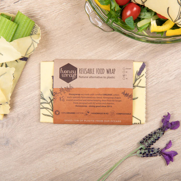 Honeywrap reusable food wrap made from organic cotton and a bees wax blend. Used to wrap over foods instead of using single use plastic.