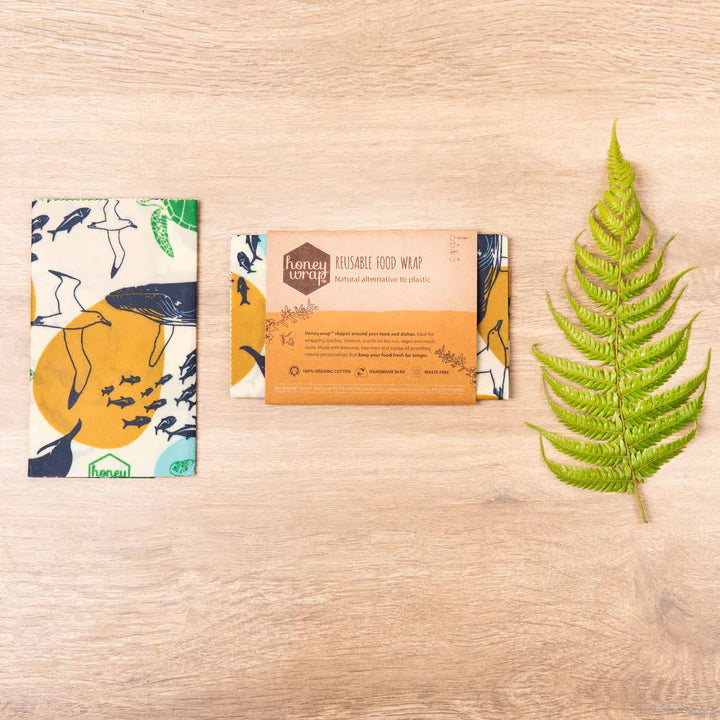 Honeywrap reusable food wrap made from organic cotton and a bees wax blend. Used to wrap over foods instead of using single use plastic.