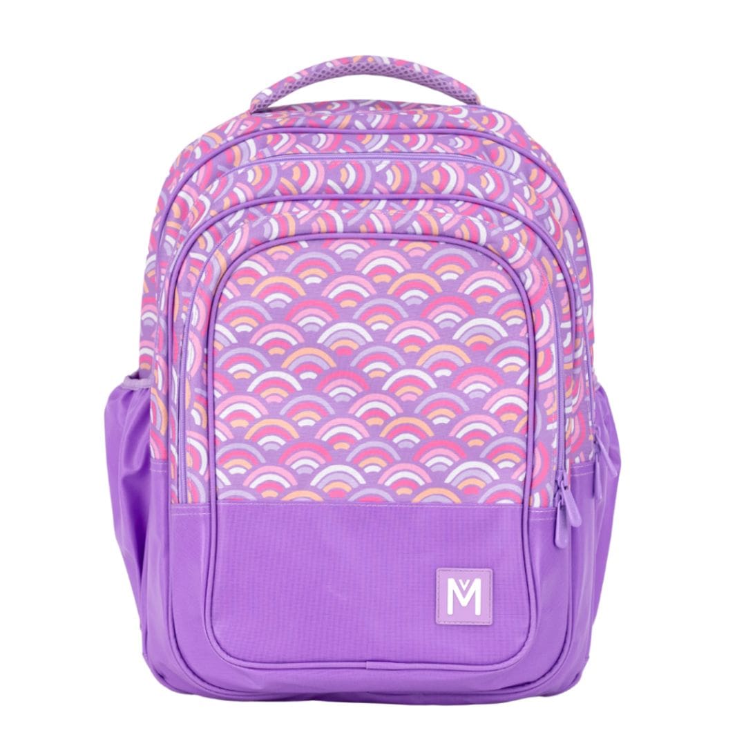 Purple kids backpack with pink, peach and white rainbow pattern on the top half.