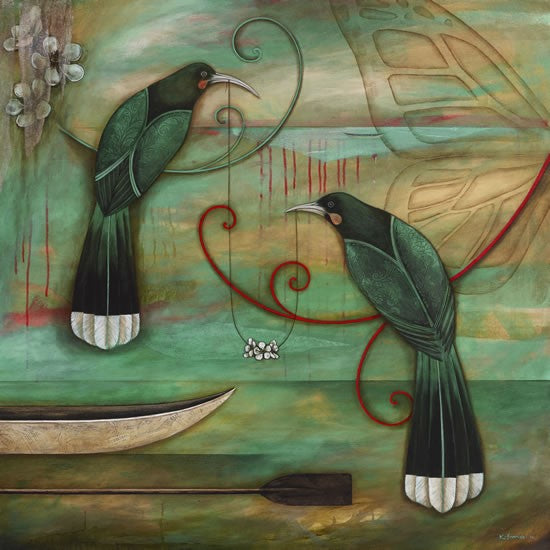 Art print by Kathryn Furniss of 2 green Huia birds with white tip tails sitting on linked Manuka branches styled like koru. Background features a green gold hue with a butterfly wing, waka and paddle.