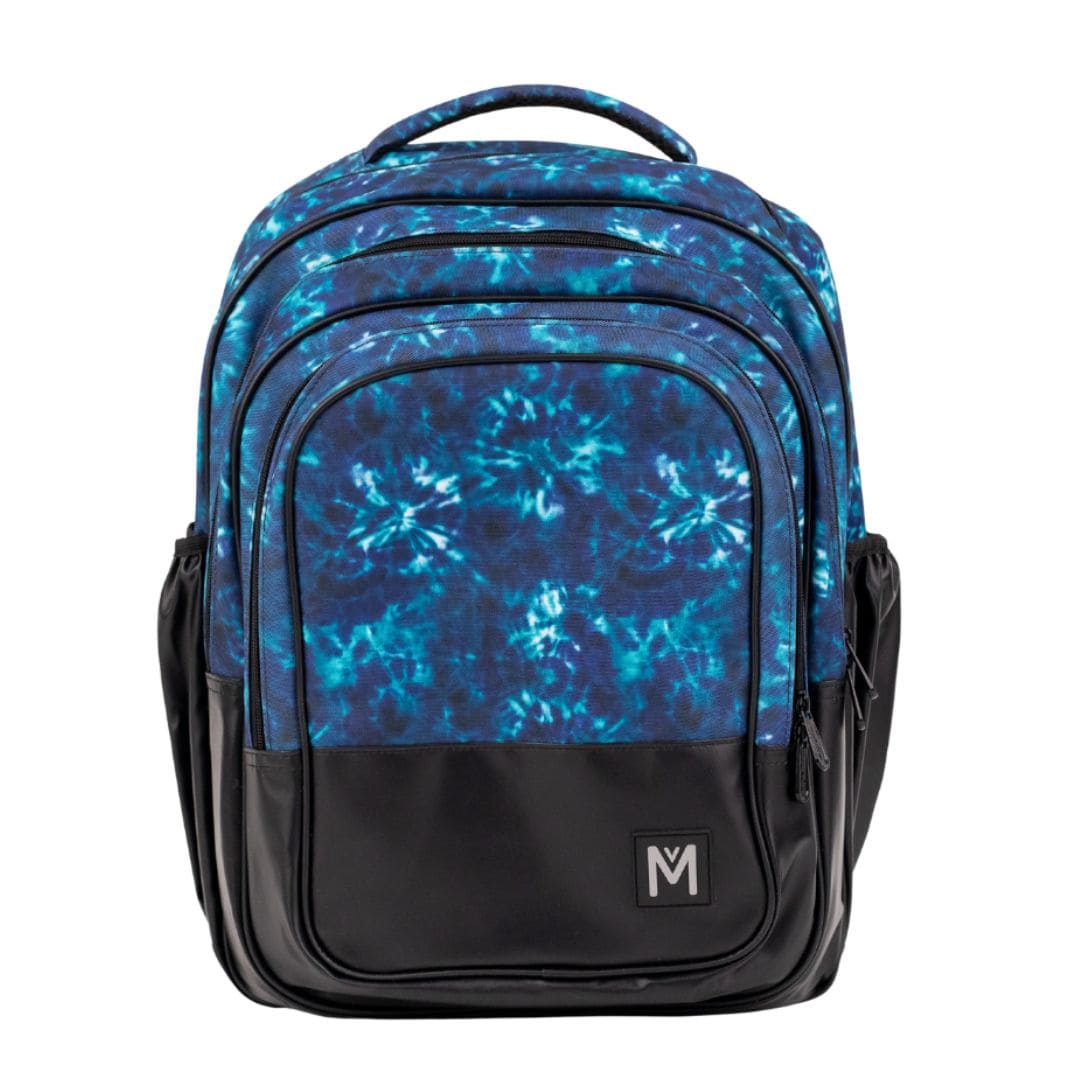 A childrens school backpack that is blue tie dyed on the top and black base by Montiico.