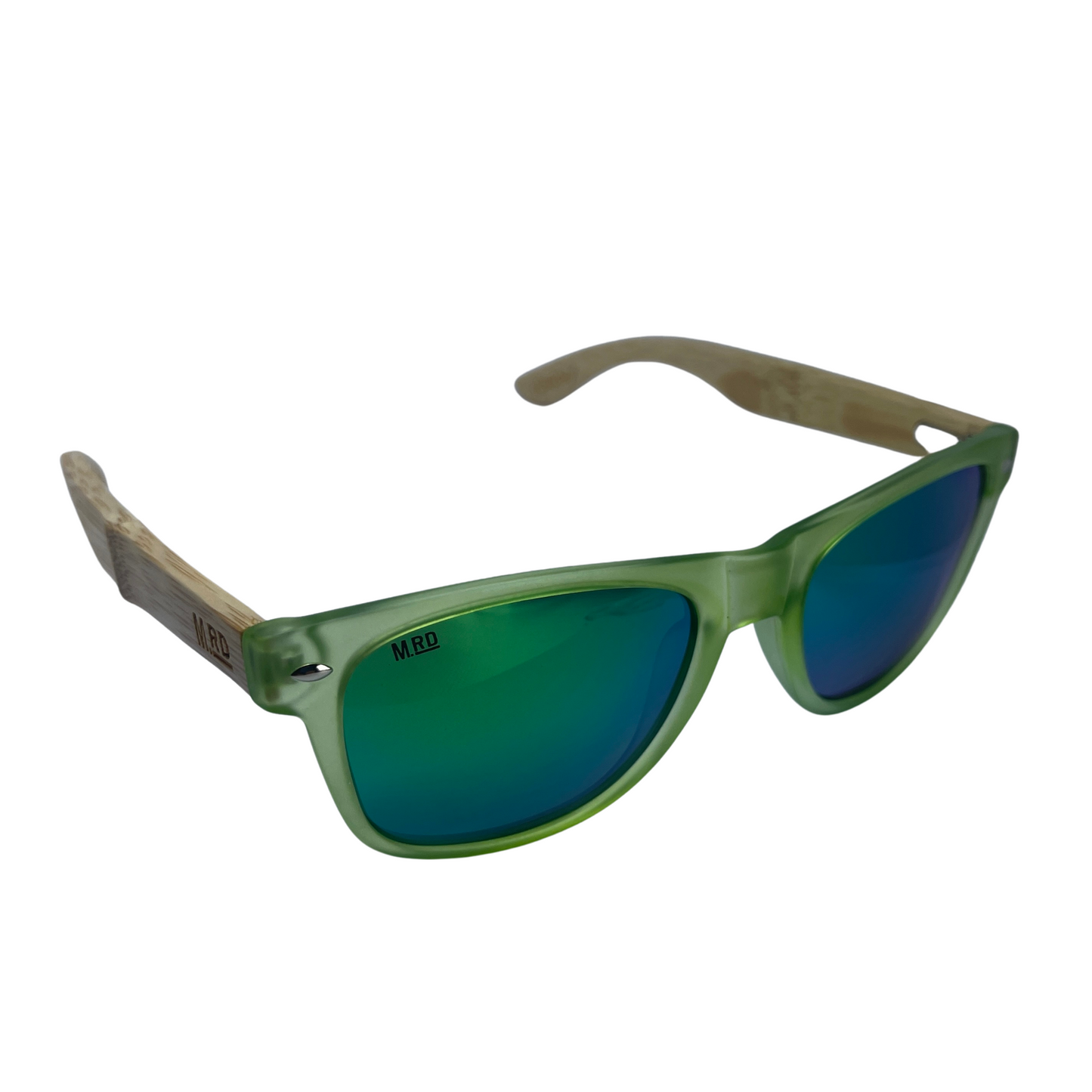 Sunglasses with wooden arms, green frames and reflective lenses.