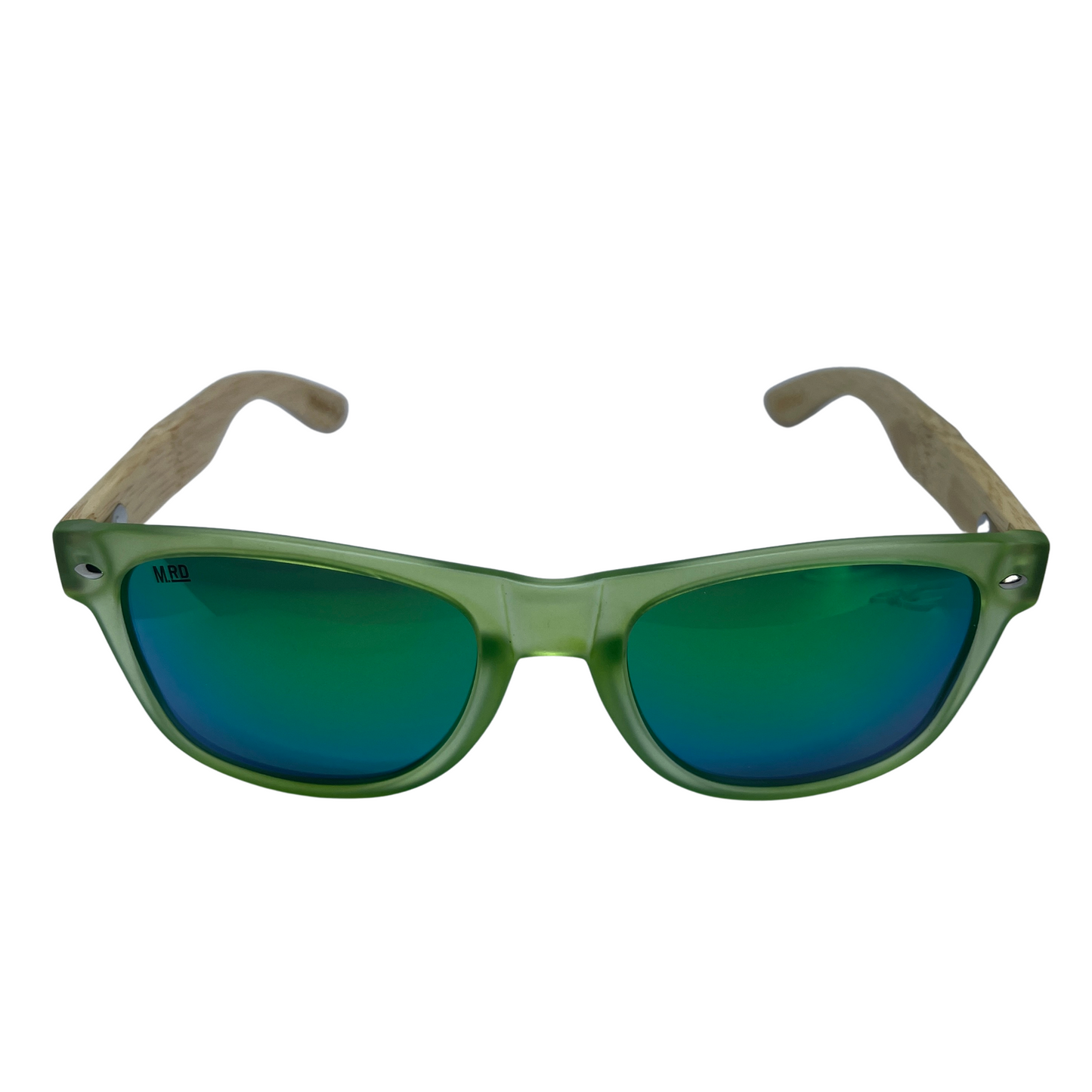 Sunglasses with wooden arms, green frames and reflective lenses.