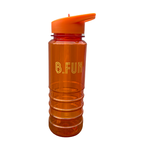 Bright orange plastic sports water bottle with B=Fun printed on it.