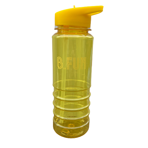 Bright yellow plastic sports water bottle with B=Fun printed on it.