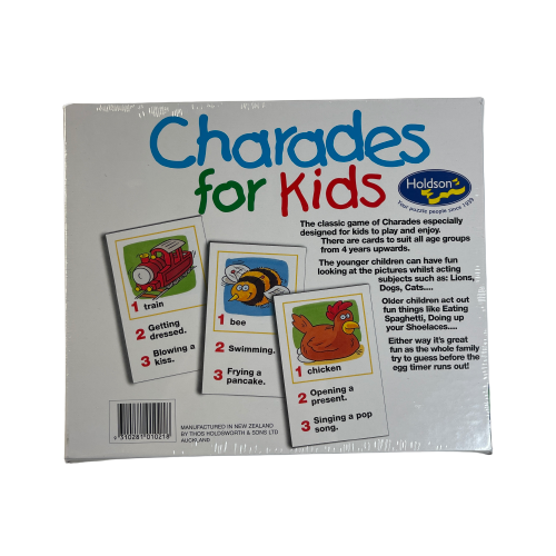 back side of the box of the Charades for Kids game set.